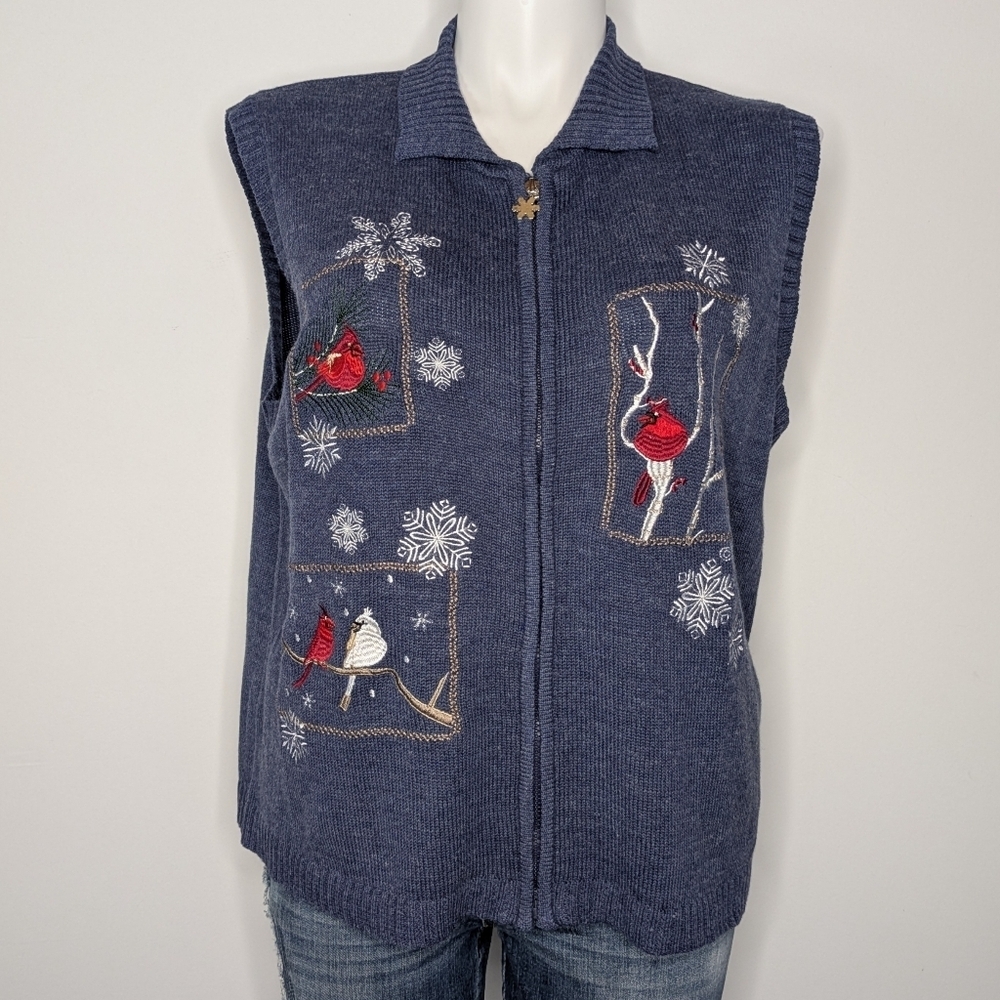 Vintage Southern Lady Blue Red White Cardinal Bird Zip Up Sweater Vest XL